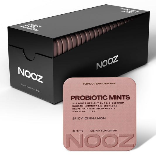 NOOZ Probiotic Mints spicy cinnamon tin front shows sustainable packaging and on-the-go wellness.