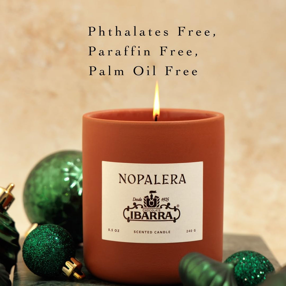Nopalera Ibarra Candle reusable clay vessel with label visible.