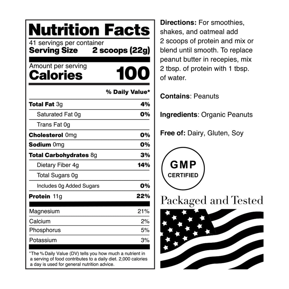 NorCal Organic Peanut Butter Protein Powder label with organic sourcing and fiber details