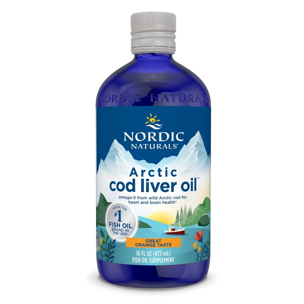 Nordic Naturals Arctic Cod Liver Oil orange bottle front view showing omega-3 potency for heart and brain health