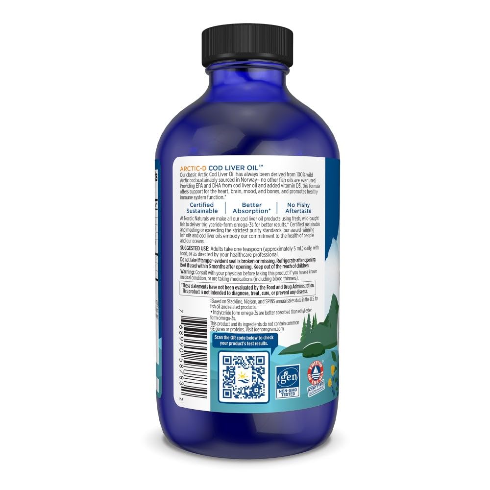 Nordic Naturals Arctic-D cod liver oil nutrition facts label highlights omega-3 and vitamin D3