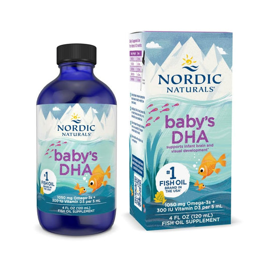Nordic Naturals Baby's DHA unflavored bottle highlights omega-3 for early brain and eye development