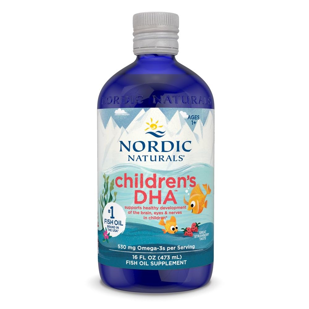 Nordic Naturals Children's DHA strawberry bottle front view for kids.
