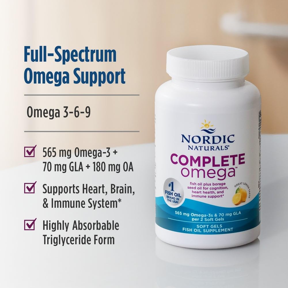 Nordic Naturals Complete Omega lemon capsules closeup indicating triglyceride form for absorption.