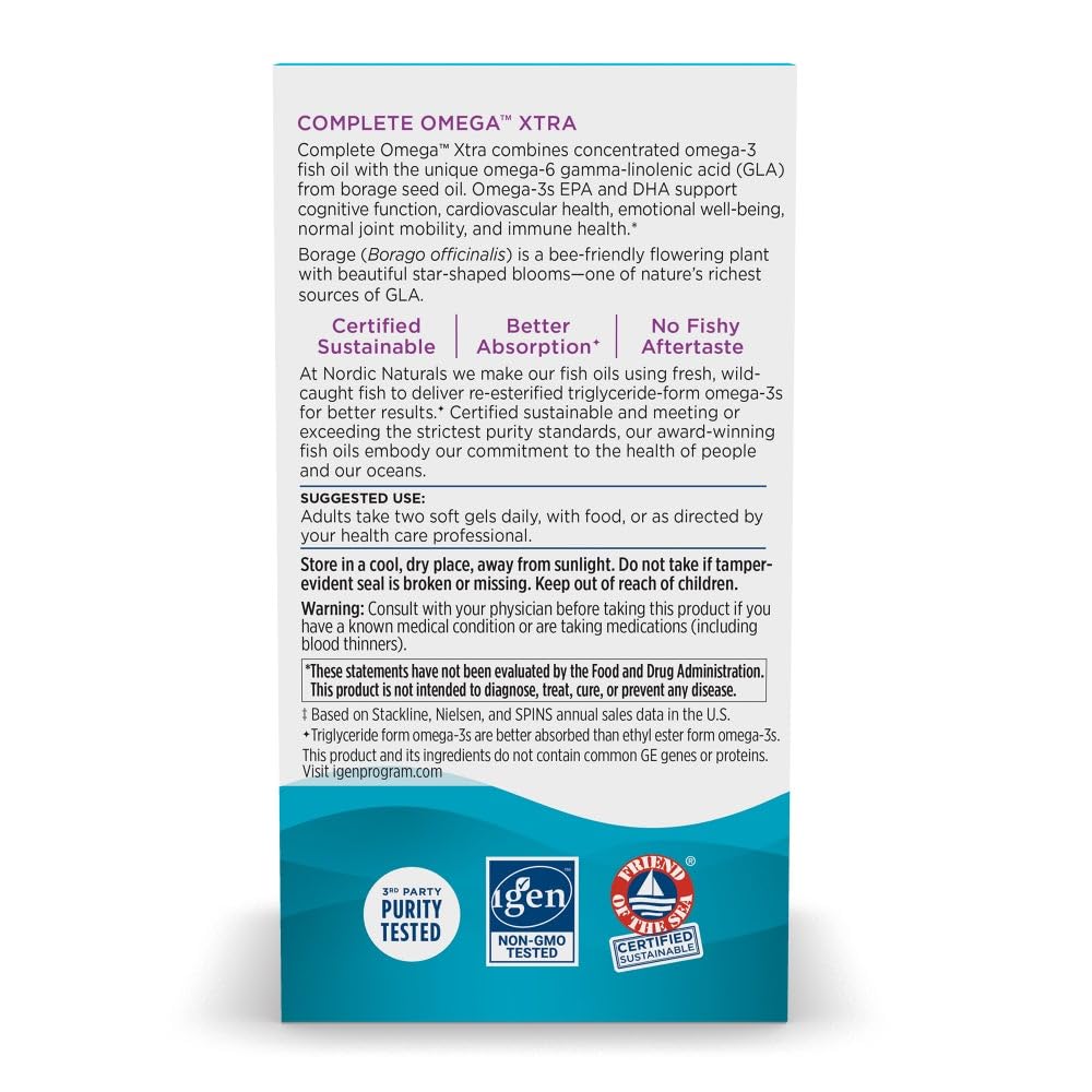 Nordic Naturals Complete Omega Xtra Lemon label highlighting purity and non-GMO status.