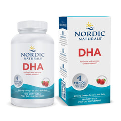 Nordic Naturals DHA Strawberry bottle-front with clear label and flavor cue