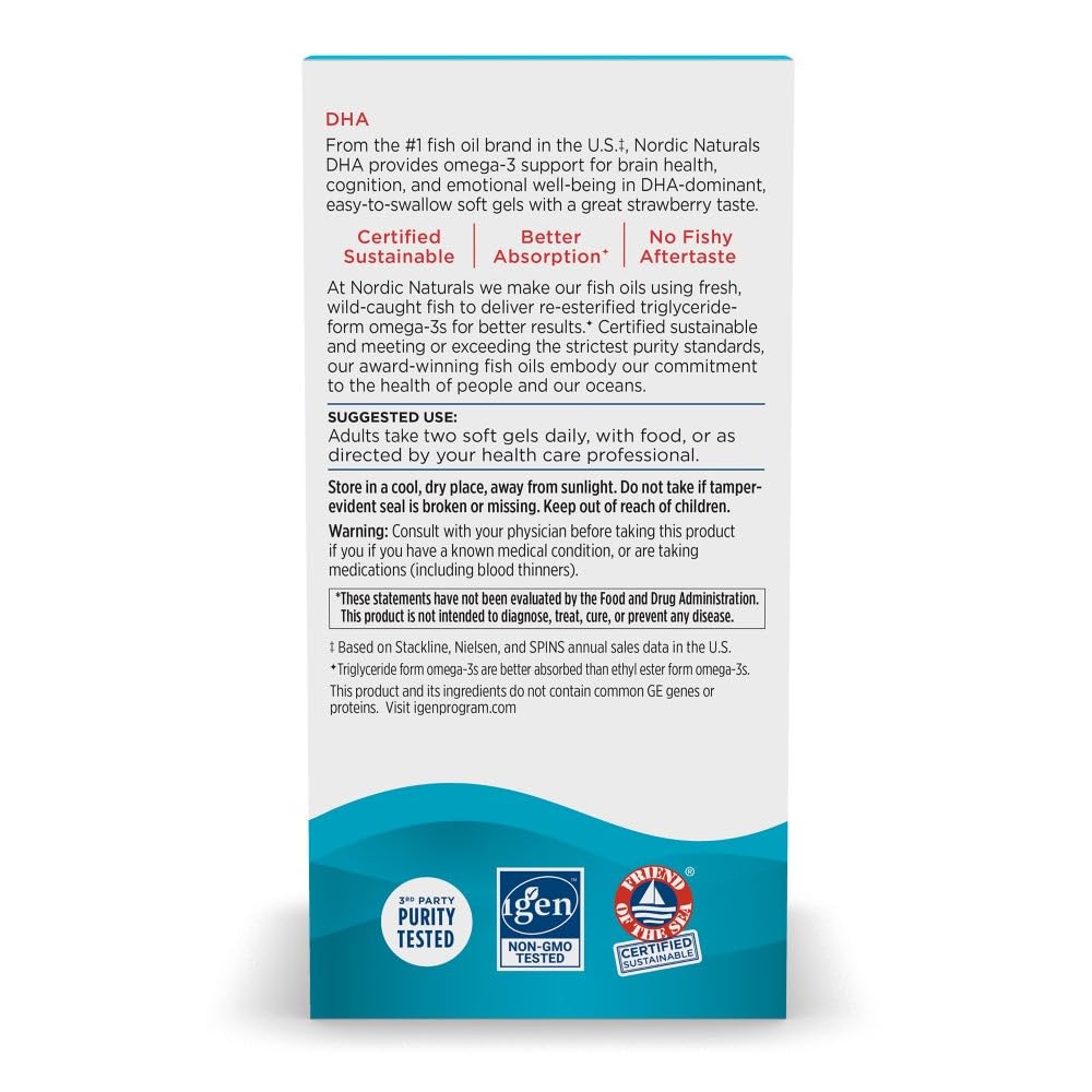 Nordic Naturals DHA Strawberry non-GMO label highlights purity and safety