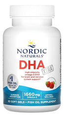 Nordic Naturals DHA Xtra strawberry bottle pour shot illustrates convenient serving size.