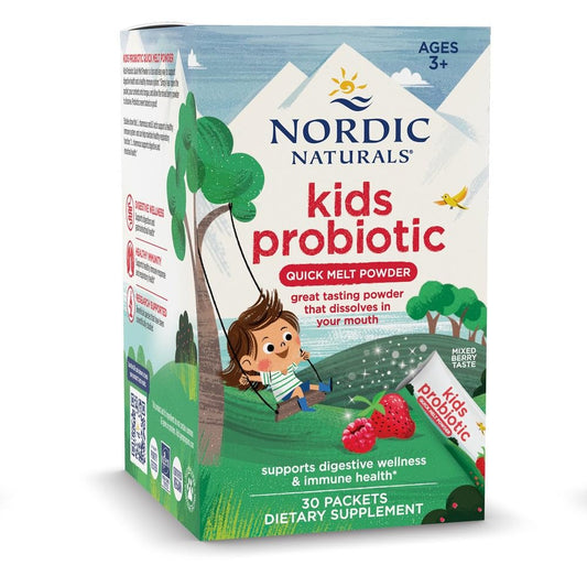 Nordic Naturals Kids Probiotic Quick Melt mixed berry packet dissolving on the tongue for easy use