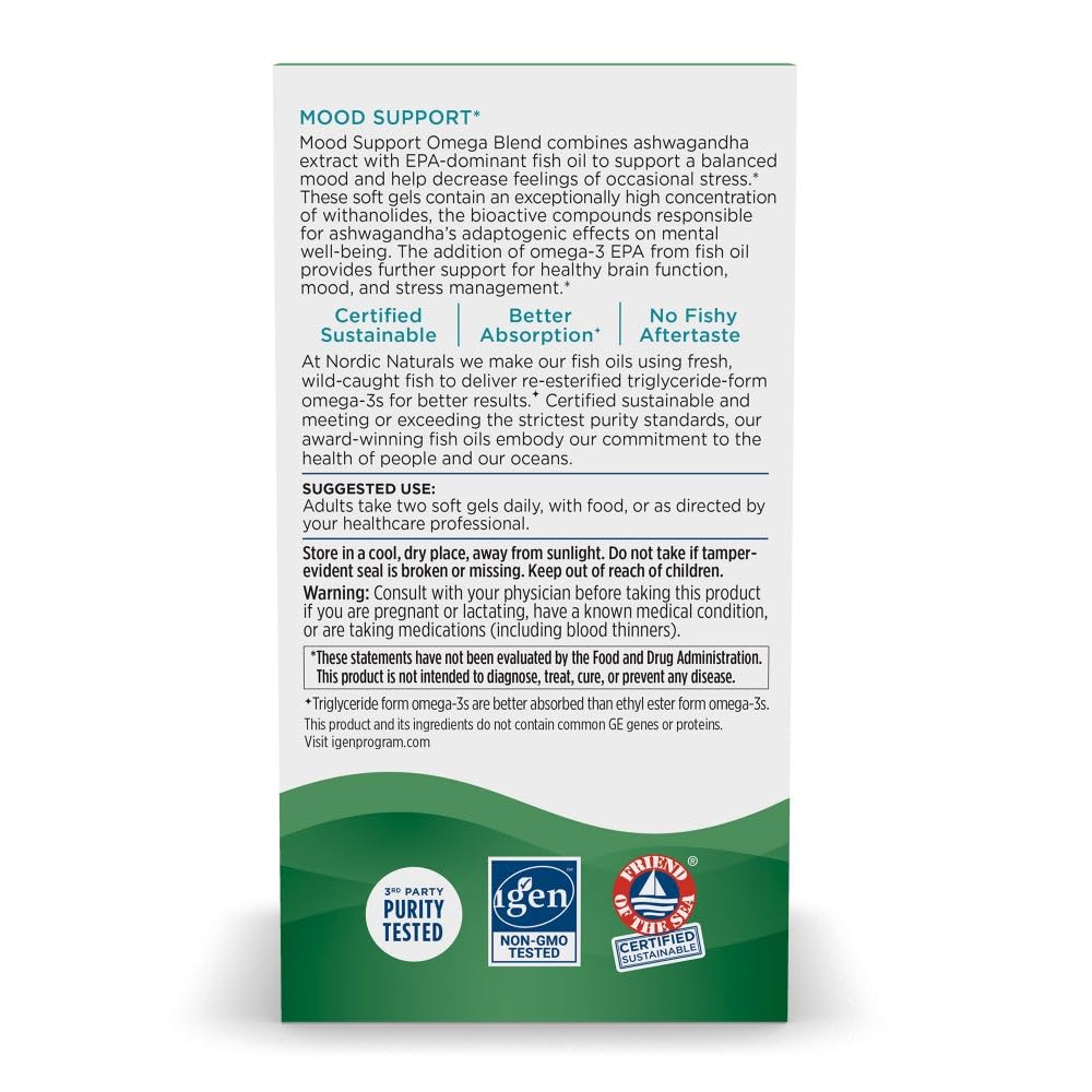 Nordic Naturals Mood Support Omega Blend label shows non-GMO purity and allergen-free ingredients.
