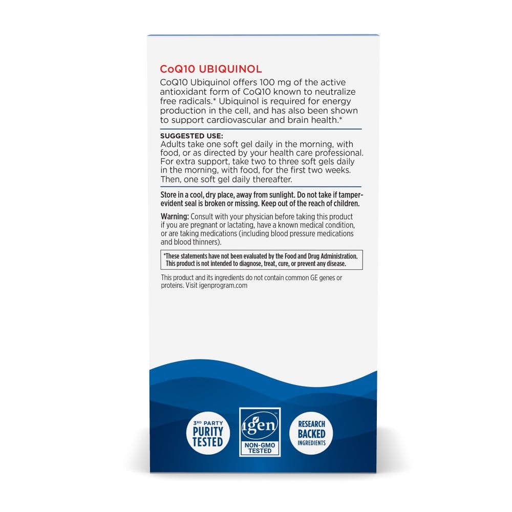 Nordic Naturals CoQ10 Ubiquinol softgels closeup highlights easy-to-swallow mini capsules.