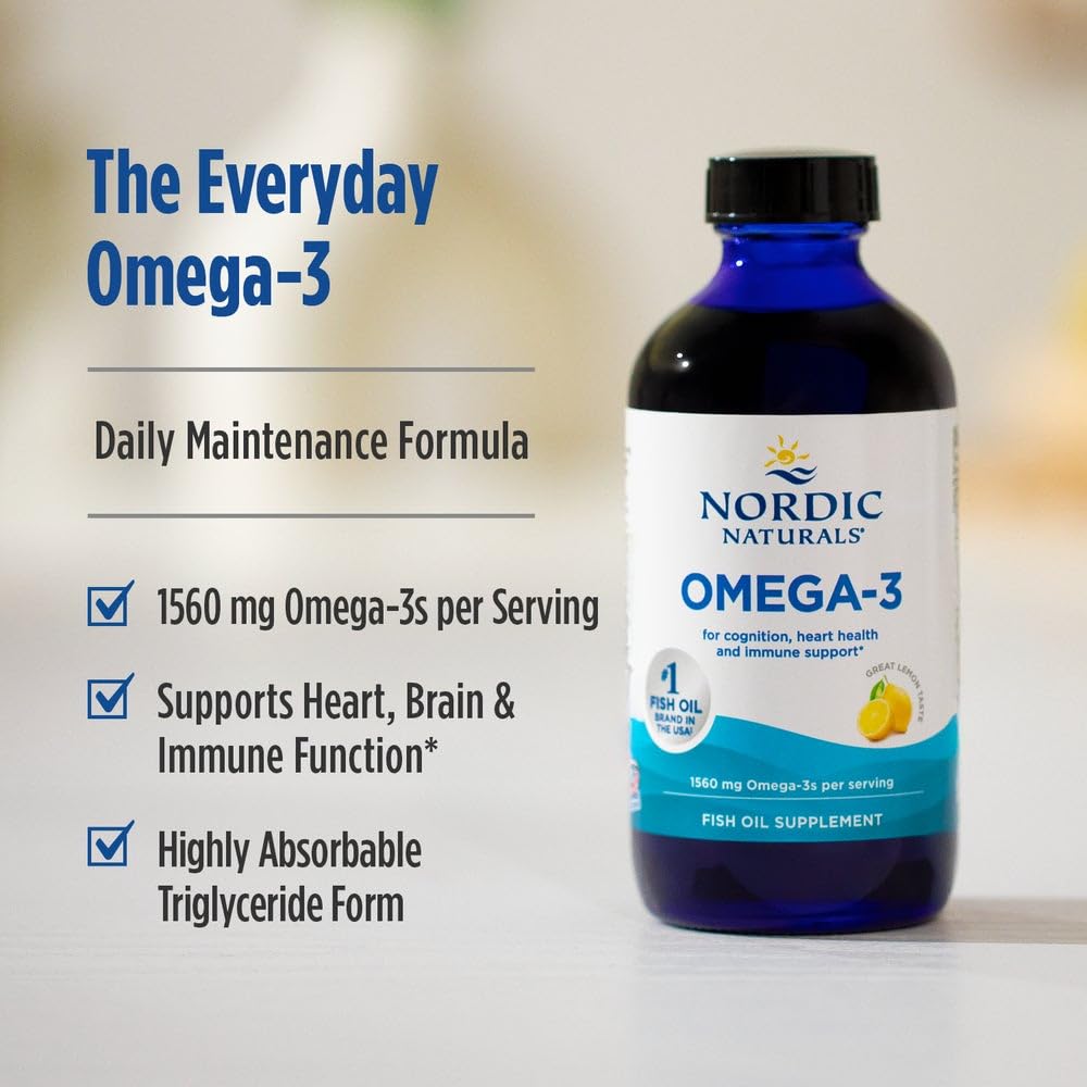 Nordic Naturals Omega-3 glass bottle on shelf highlights lemon flavor appeal