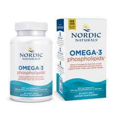 Nordic Naturals Omega-3 Phospholipids unflavored bottle; easy-to-swallow soft gels for daily use.