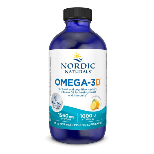 Nordic Naturals Omega-3D lemon bottle image highlighting heart and brain health