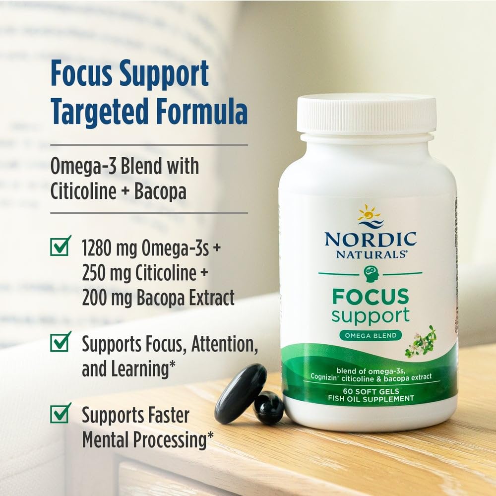 Nordic Naturals Omega Focus capsules closeup—triglyceride-form oil for better absorption.