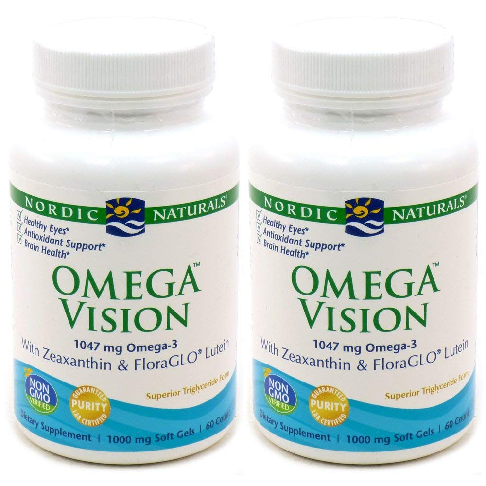 Nordic Naturals Omega Vision lemon bottle highlighting lutein and zeaxanthin for eye health and cognitive support