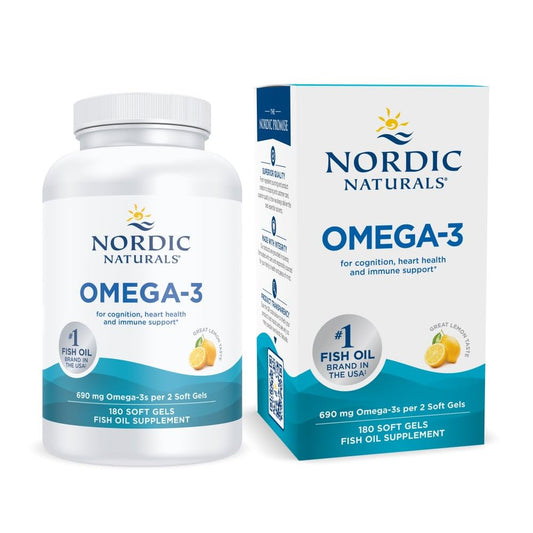Nordic Naturals Omega-3 lemon softgels bottle emphasizes purity for daily wellness