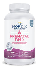 Nordic Naturals Prenatal DHA label closeup, showing 830 mg omega-3 and 400 IU D3.
