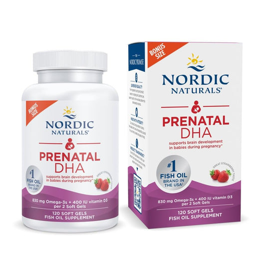 Nordic Naturals Prenatal DHA strawberry bottle offers convenient omega-3 support for pregnancy.