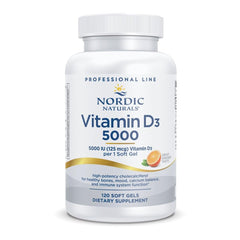 Nordic Naturals Pro Vitamin D3 5000 orange bottle for daily bone and immune support.