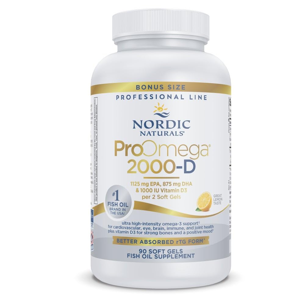 Nordic Naturals ProOmega 2000-D lemon bottle for daily omega-3 support.