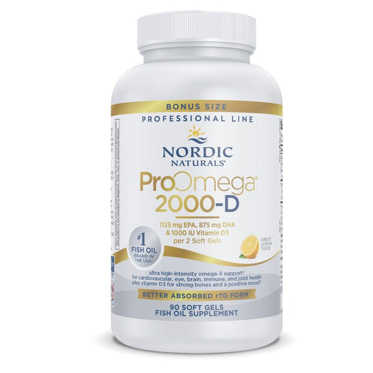 Nordic Naturals ProOmega 2000-D lemon bottle for daily omega-3 support.
