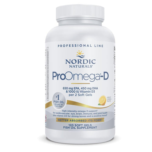 Nordic Naturals ProOmega-D lemon bottle on kitchen counter supports heart health.