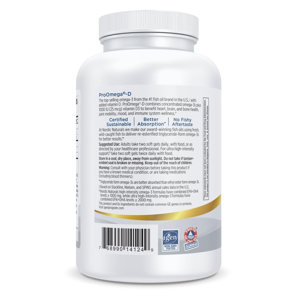 Nordic Naturals ProOmega-D lemon soft gels on white background for everyday omega-3 intake