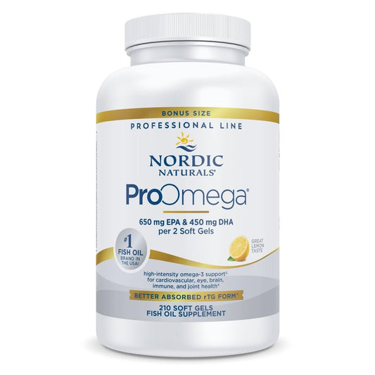 Nordic Naturals ProOmega lemon bottle on kitchen counter supports daily omega-3 intake