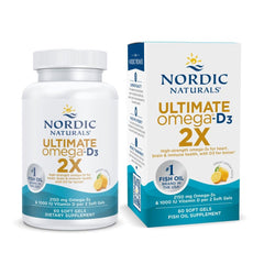 Nordic Naturals Ultimate Omega 2X bottle front, lemon flavor supports everyday wellness.