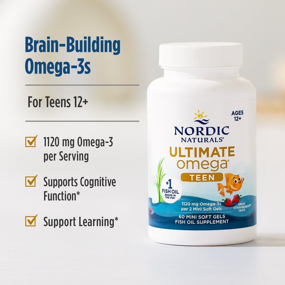 Nordic Naturals Ultimate Omega 2x Teen bottle with youth-friendly design and clear serving info.