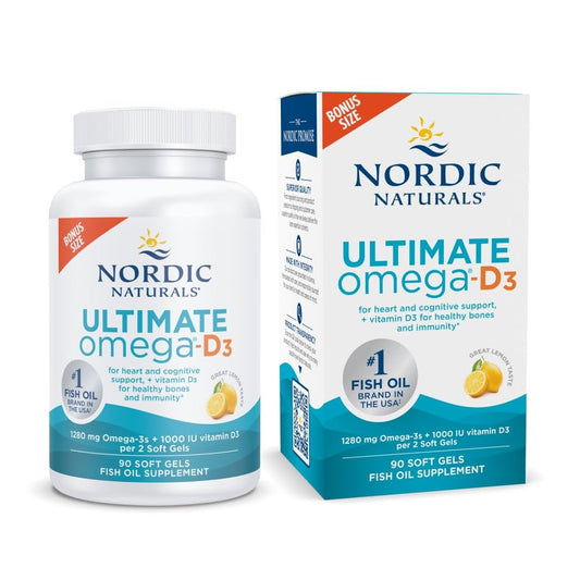 Nordic Naturals Ultimate Omega-D3 lemon bottle with soft gels for daily omega-3 intake.
