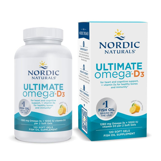 Nordic Naturals Ultimate Omega-D3 lemon bottle close-up highlighting purity and absorption