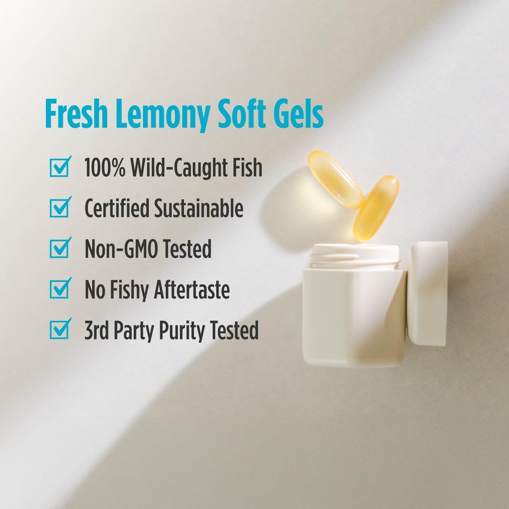 Non-GMO and allergen-free badge on lemon omega-3 bottle