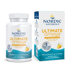 Nordic Naturals Ultimate Omega lemon soft gels bottle highlighting heart and brain health support