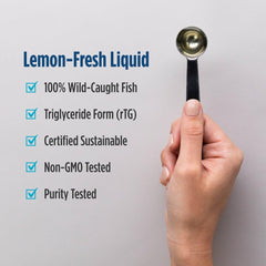 Nordic Naturals Ultimate Omega Liquid Lemon packaging, eco-friendly sustainability statement.