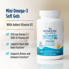 Nordic Naturals Ultimate Omega Mini D3 lemon ingredient panel, triglyceride-form omega-3 for efficient absorption