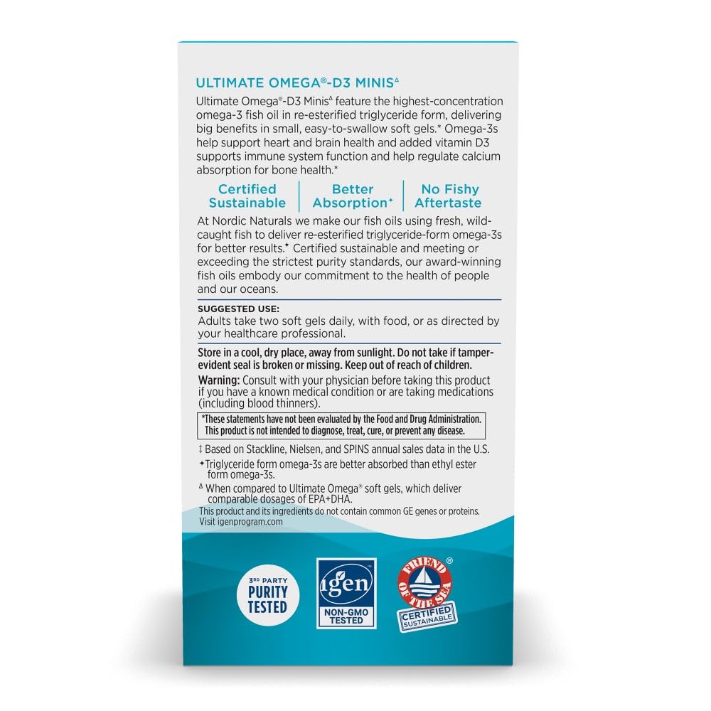 Nordic Naturals Ultimate Omega Mini D3 lemon label, high-concentration omega-3 with added vitamin D3