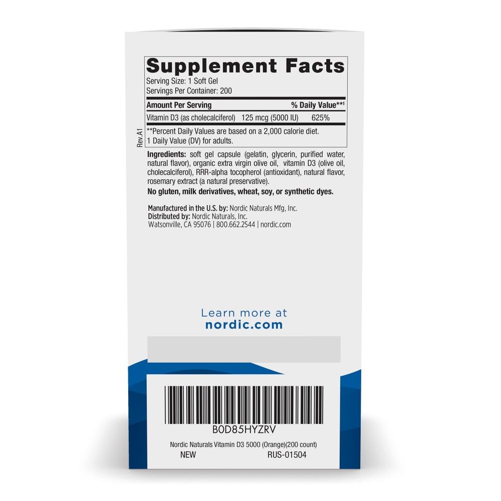 Nordic Naturals Vitamin D3 5000 orange bottle label, purity and non-GMO credentials highlighted.