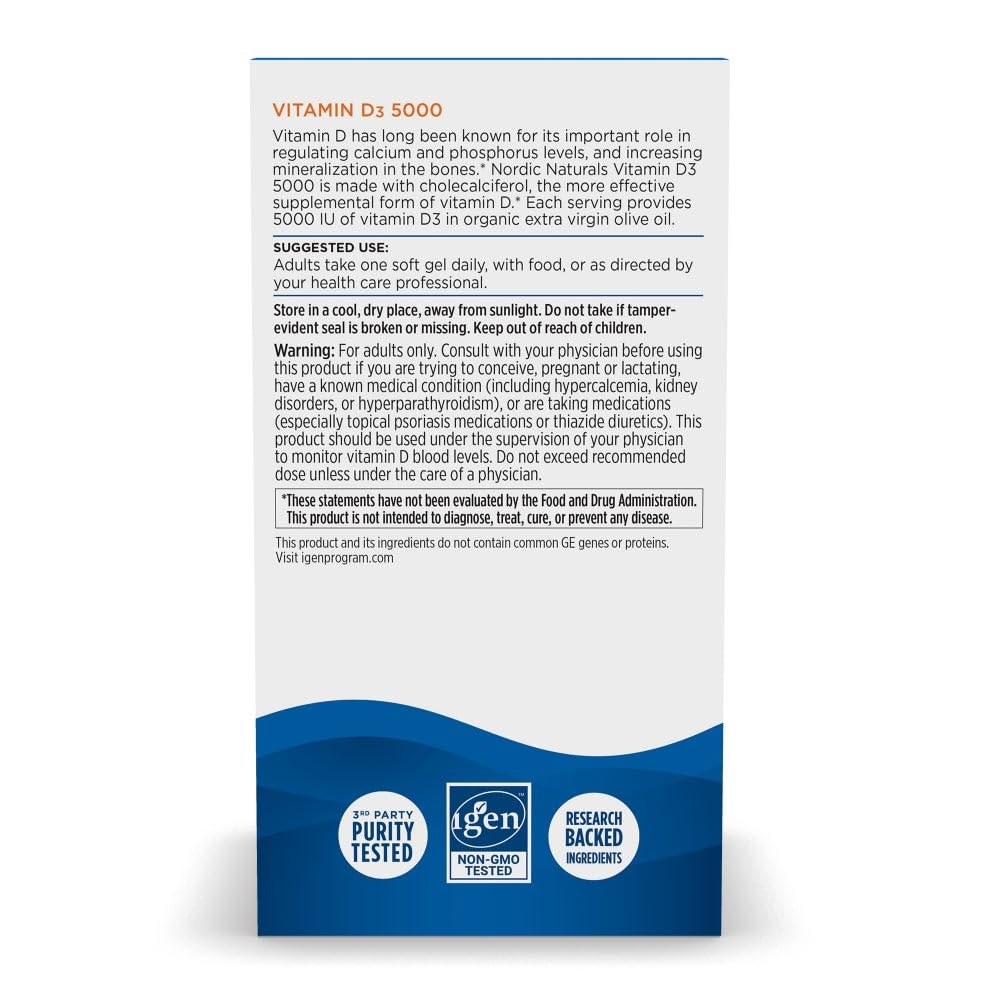 Nordic Naturals Vitamin D3 5000 orange mini gels close-up, convenient vegetarian capsules.
