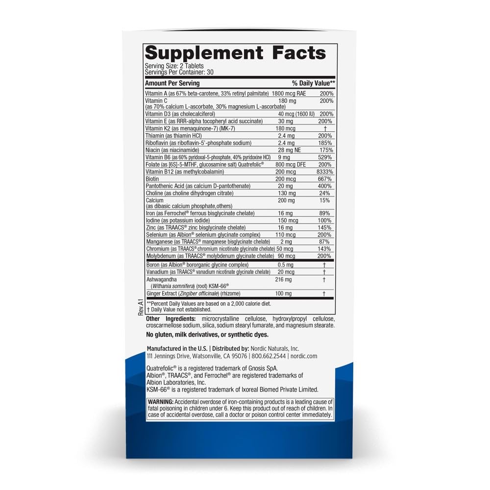 Nordic Naturals Women’s Multivitamin Extra Strength label closeup highlights key ingredients