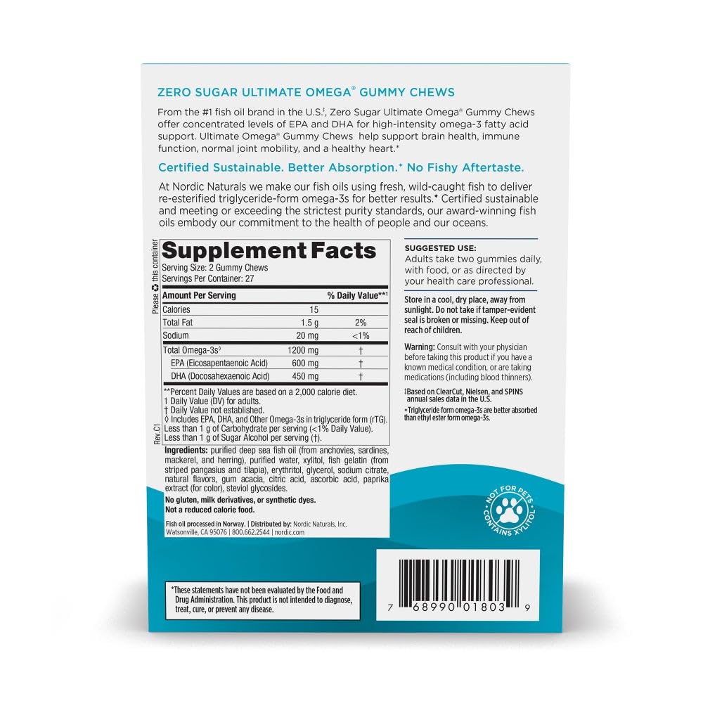 Close-up of Nordic Naturals Zero Sugar Ultimate Omega Gummy Chews gummies with tropical fruit flavor