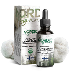 Nordic Organic Lion's Mane tincture bottle for easy daily dosing and focus support.