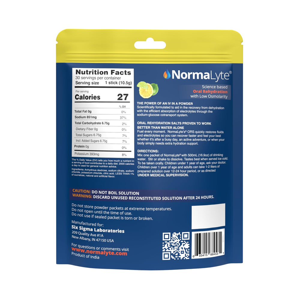 NormaLyte Lemon Lime packets being poured into a glass for fast hydration.