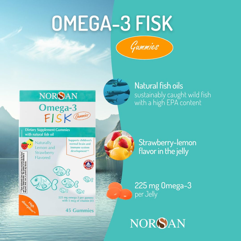 NORSAN Fisk Premium Omega-3 Kids Gummies nutrition label highlights purity and dosage.