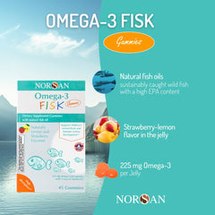 NORSAN Fisk Premium Omega-3 Kids Gummies nutrition label highlights purity and dosage.