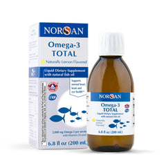NORSAN Omega-3 Total Lemon bottle shown for daily heart, brain, and vision support.