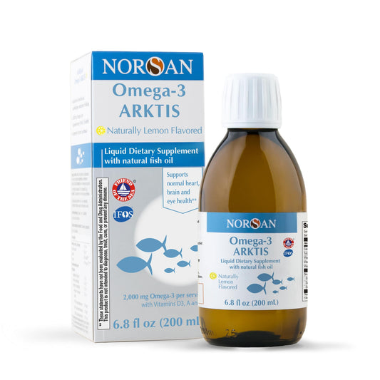 NORSAN Omega-3 Arktis bottle pour showing easy 10 ml serving for daily use