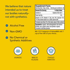AshwaMilk ingredients chart shows wild ashwagandha and yacon.