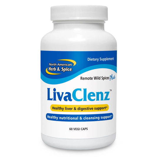 North American Herb & Spice LivaClenz bottle pouring to reveal a concentrated herbal blend